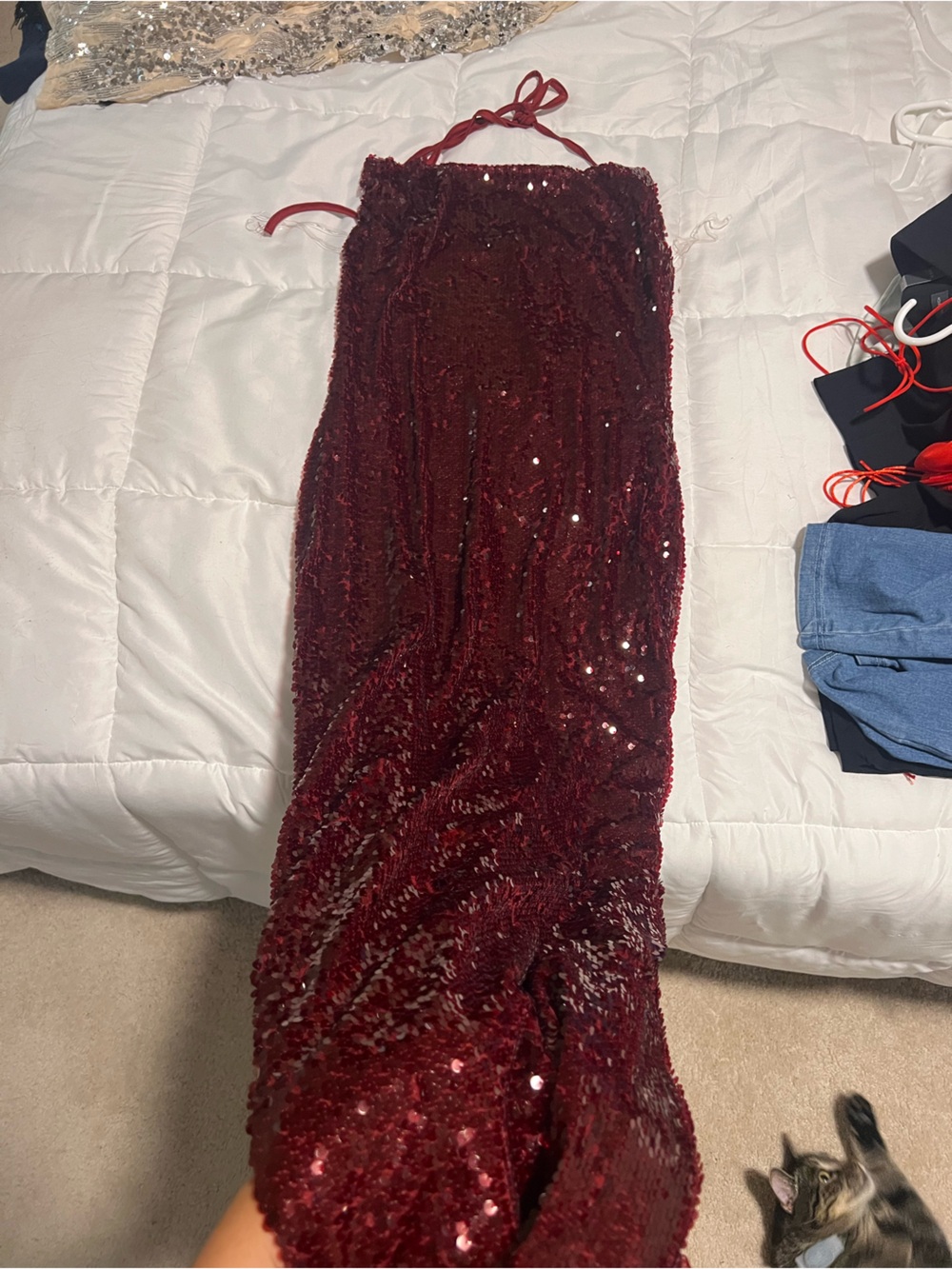 Fashion Nova Burgundy Strapless Sequin Dress